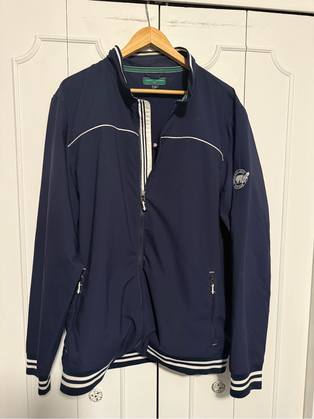 Tommy Hilfiger Golf Jasper Park logo  Navy Blue Bomber Jacket with White Piping